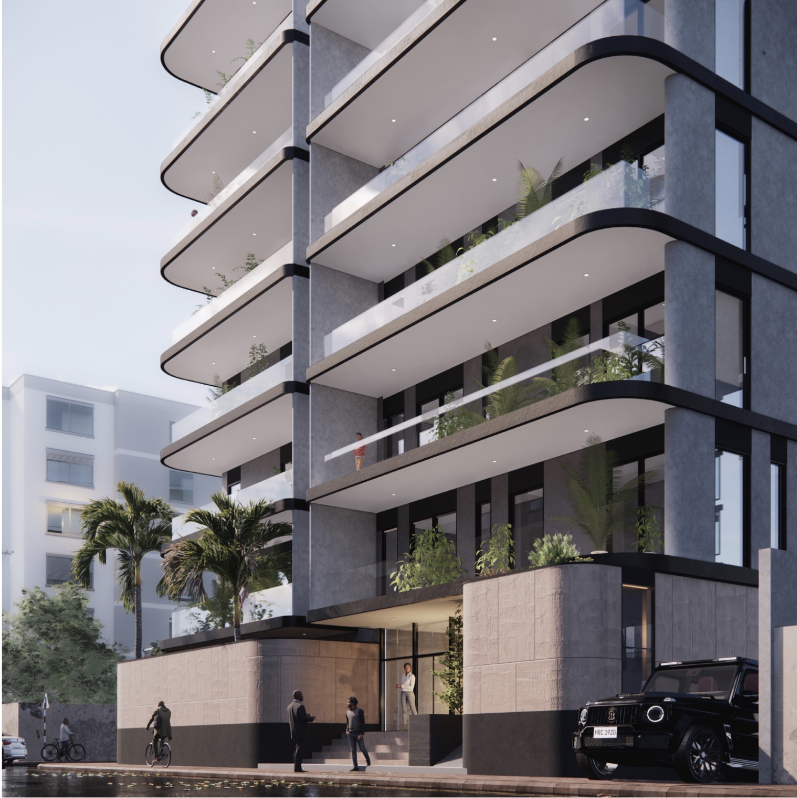 Entrée de Cité Africa avec balcons arrondis